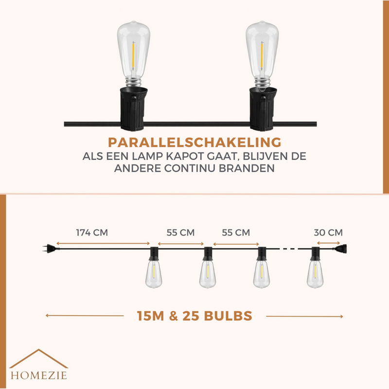 Homezie Lichtsnoer 15 meter met 25 grote LED bulbs | IP45 Waterdicht | Warm wit | Koppelbaar & Dimbaar