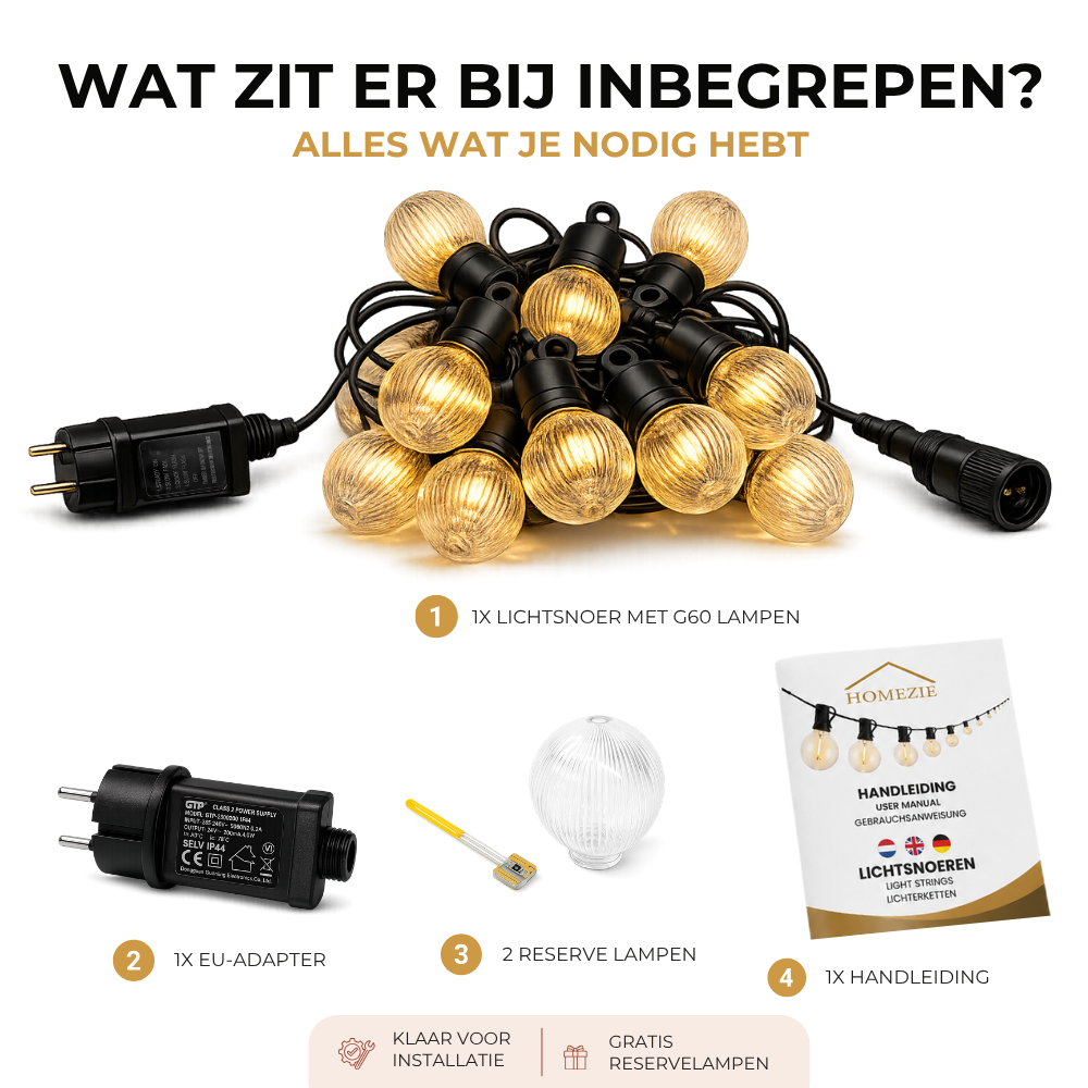 Homezie Lichtsnoer G60 | kunststof LED-lampen | Weerbestendig | Dimbaar | Timer | Lampjesslinger | Tuinverlichting | Lichtsnoer buiten | Prikkabel