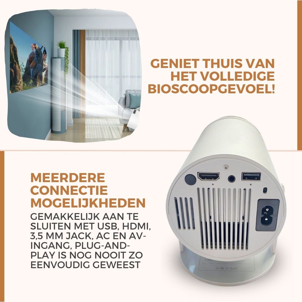 Homezie® Beamer | EARLY SPRING SALE | Gratis Lens cover & HDMI kabel | Streamen vanaf je iPhone of Android telefoon | WiFi, HDMI, Bluetooth | 4K support | Projector