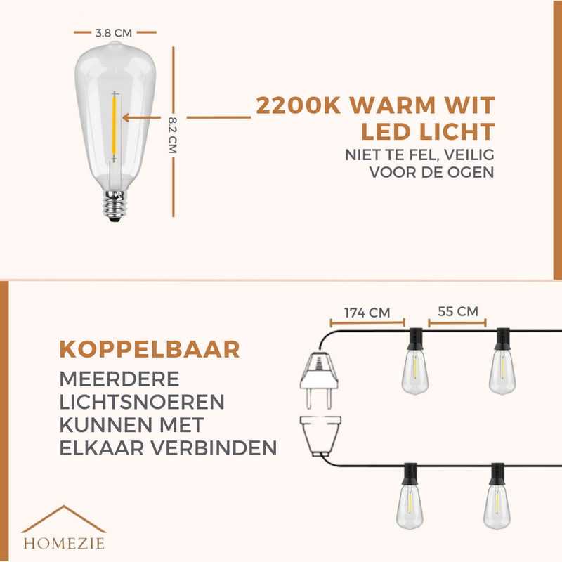 Homezie Lichtsnoer 15 meter met 25 grote LED bulbs | IP45 Waterdicht | Warm wit | Koppelbaar & Dimbaar