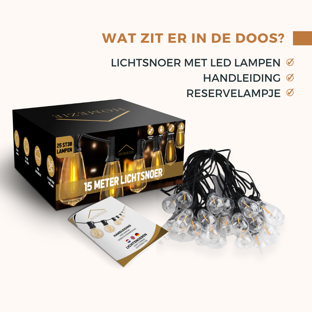 Homezie Lichtsnoer 15 meter met 25 grote LED bulbs | IP44 Spatwaterdicht | Warm wit | Koppelbaar & Dimbaar