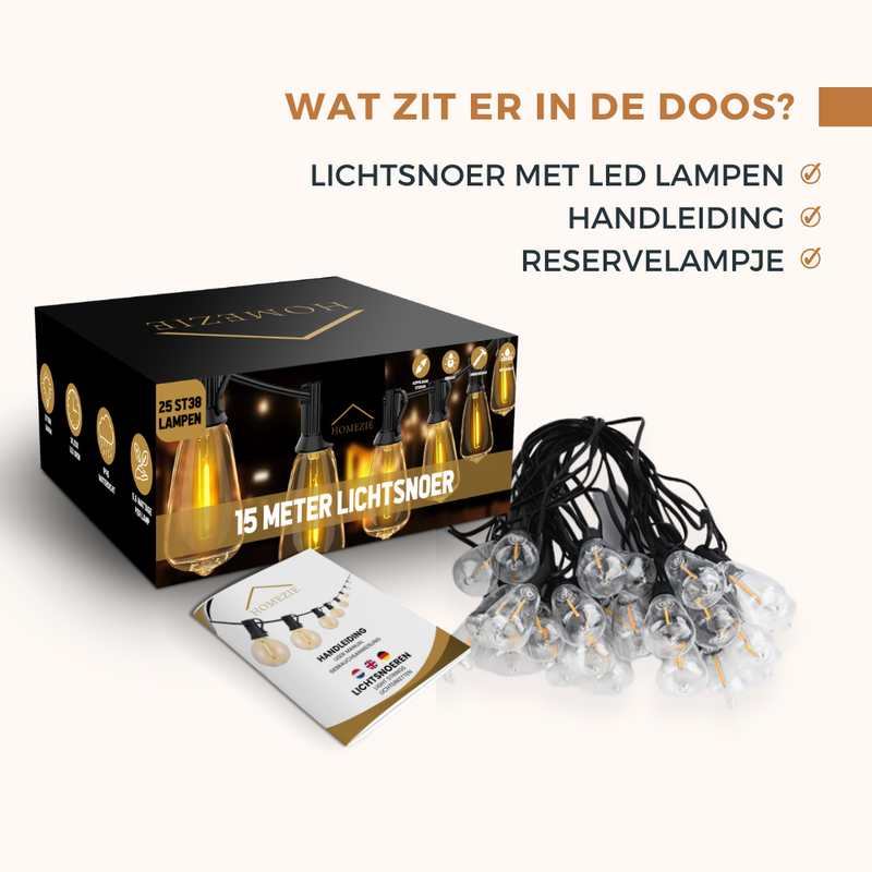 Homezie Lichtsnoer 15 meter met 25 grote LED bulbs | IP45 Waterdicht | Warm wit | Koppelbaar & Dimbaar