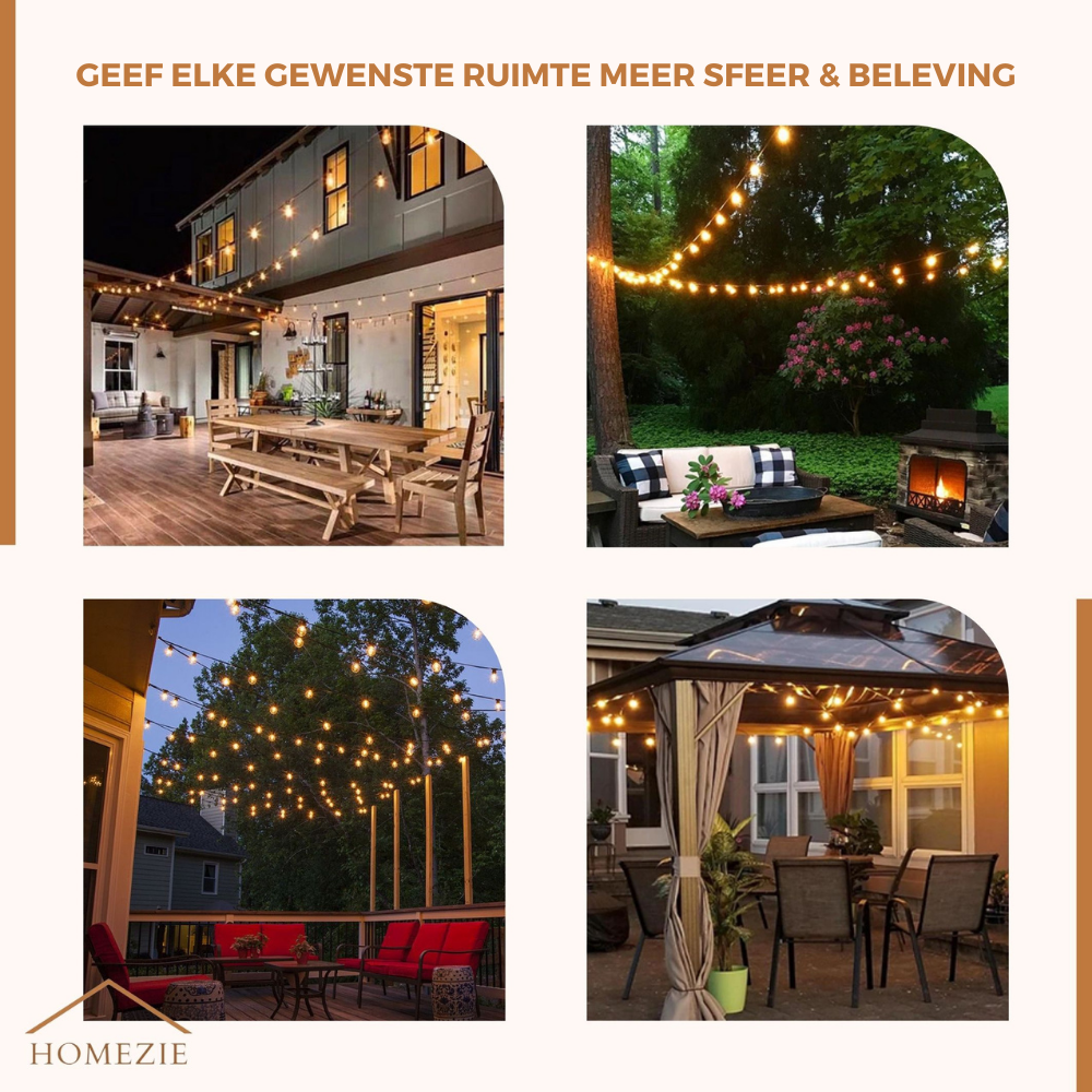 Homezie Lichtsnoer 15 meter met 25 grote LED bulbs | IP44 Spatwaterdicht | Warm wit | Koppelbaar & Dimbaar