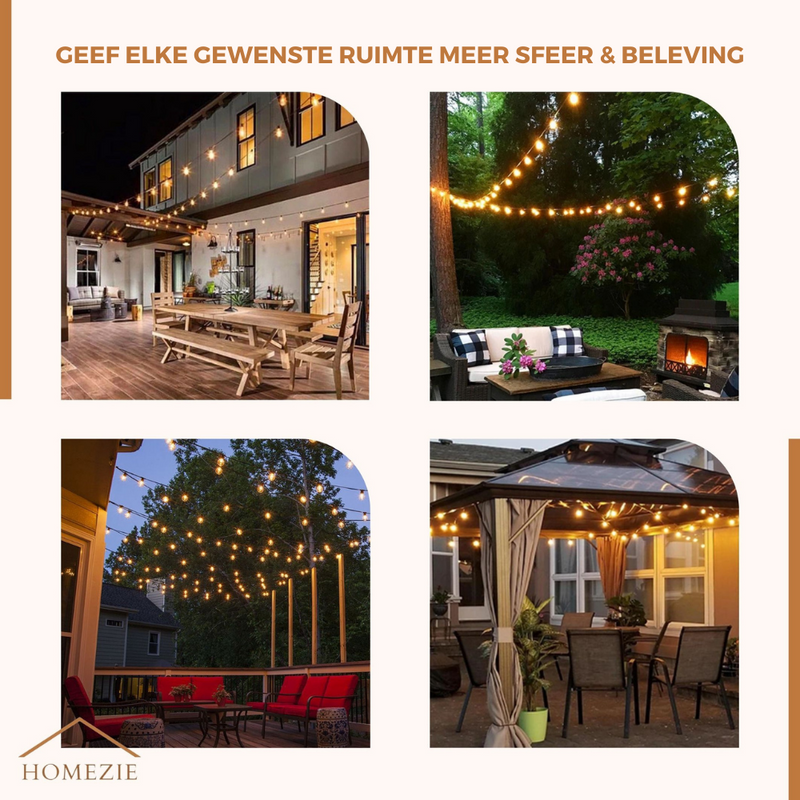 Homezie Lichtsnoer 15 meter met 25 grote LED bulbs | IP45 Waterdicht | Warm wit | Koppelbaar & Dimbaar