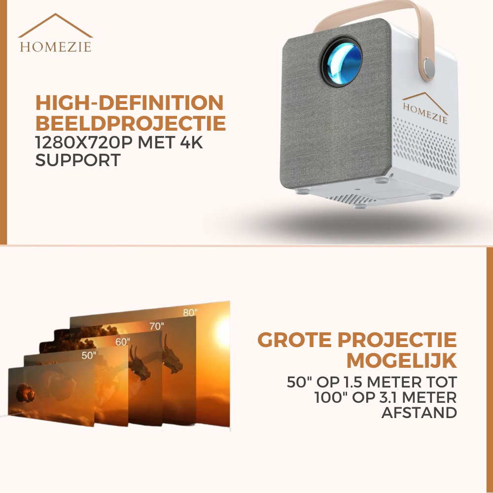 Homezie® Beamer | Stream vanaf je iPhone of Android | Ingebouwde apps | 6000 lumen