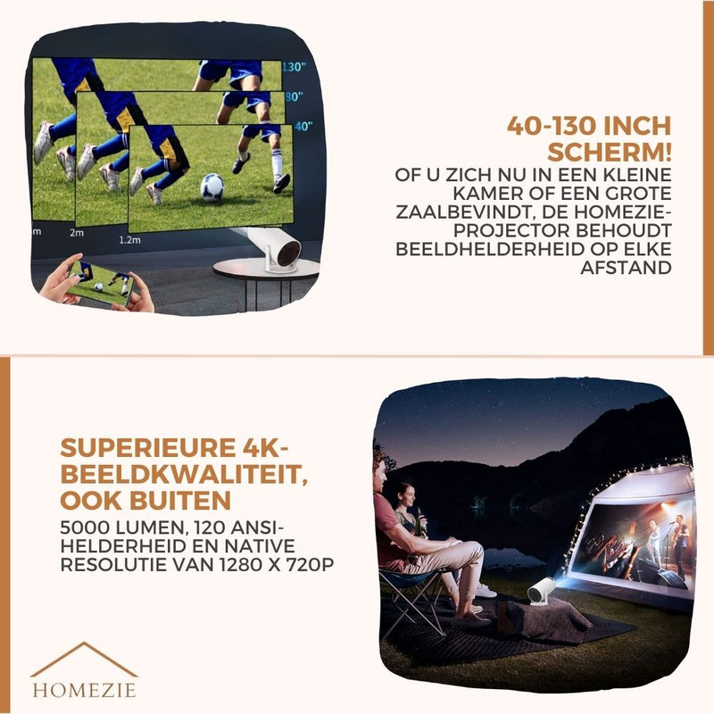 Homezie Beamer® | Vernieuwde tripod | WiFi, HDMI, Bluetooth | 4K support | Android 11 | Projector