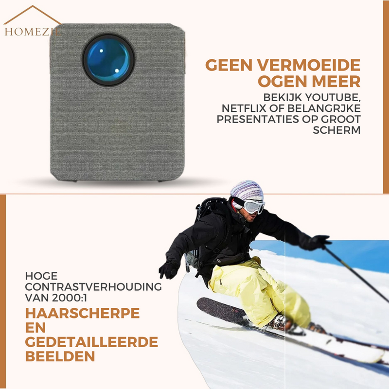 Homezie® Beamer | Met 2 3D brillen, HDMI kabel, AV kabel en standaard | Android 9.0 systeem | 6000 lumen