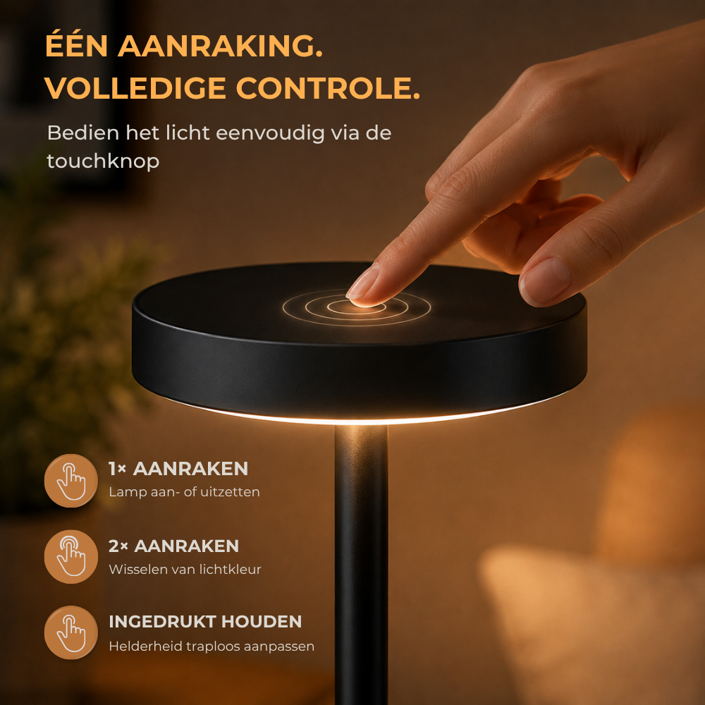 Homezie LuxeTouch | 1 stuk | Draadloze Tafellamp | USB-oplaadbaar | Touch Bediening | Eettafel Lamp | Sfeerverlichting