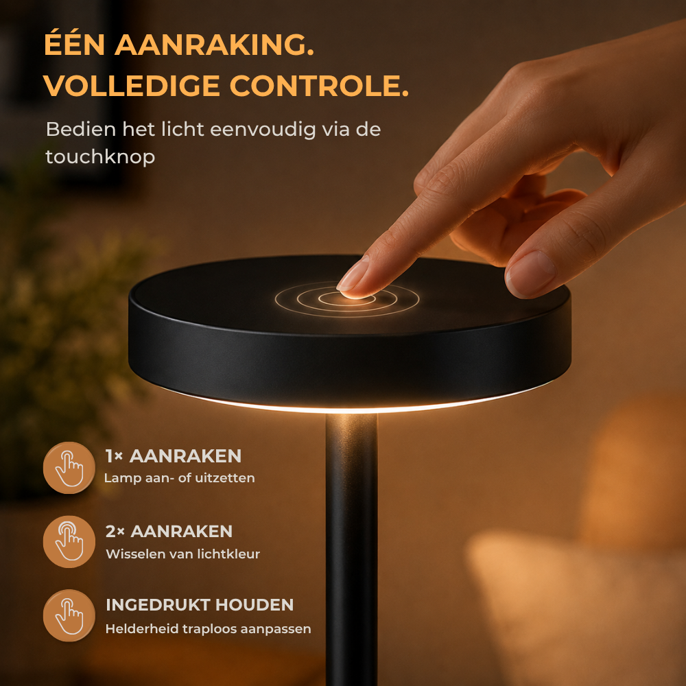 Homezie LuxeTouch | SALE: 1+1 GRATIS | Draadloze Tafellamp | USB-oplaadbaar | Touch Bediening | Eet Tafel Lamp | Sfeerverlichting