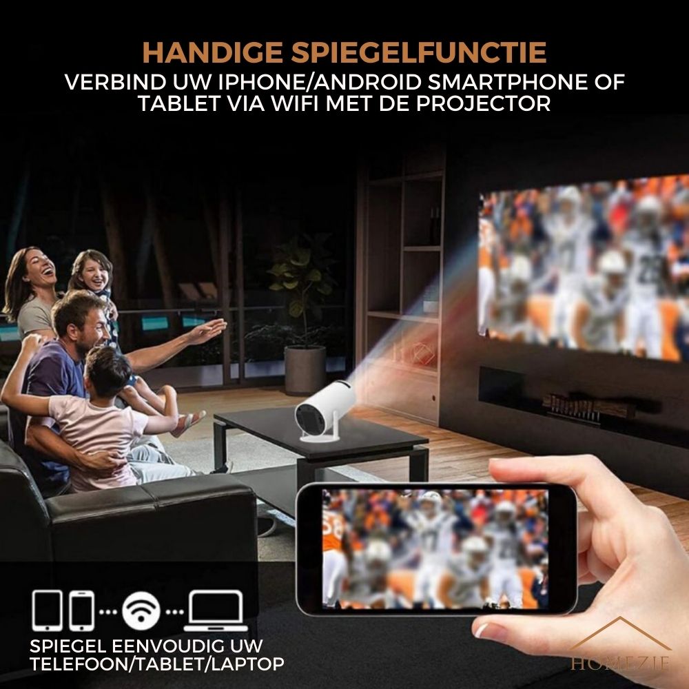 Homezie® Beamer | EARLY SPRING SALE | Gratis Lens cover & HDMI kabel | Streamen vanaf je iPhone of Android telefoon | WiFi, HDMI, Bluetooth | 4K support | Projector