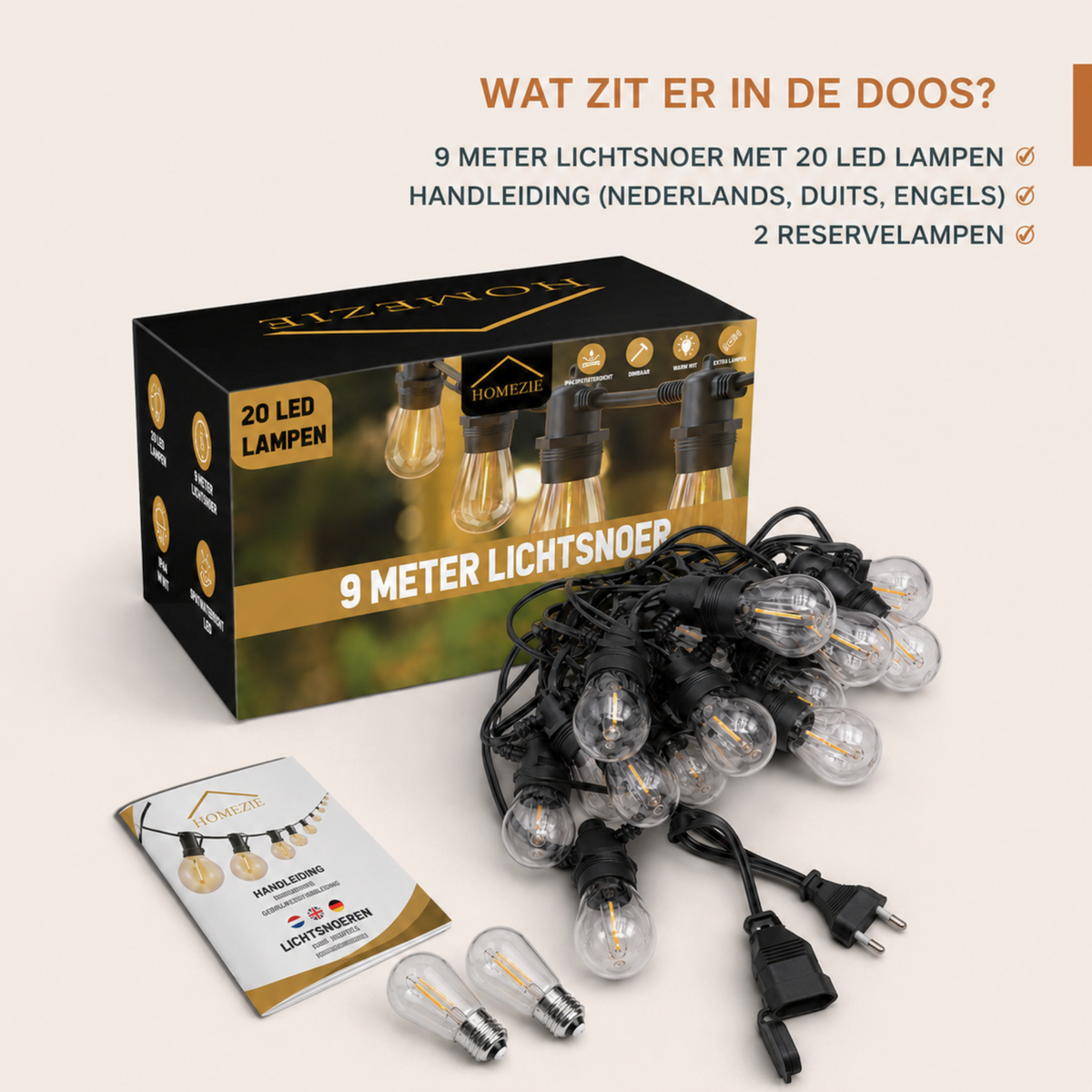 Homezie® Lichtsnoer | IP65 Waterdicht | Kunststof S14 LED lampen | Warm wit | Koppelbaar & Dimbaar | Meerdere lengtes verkrijgbaar