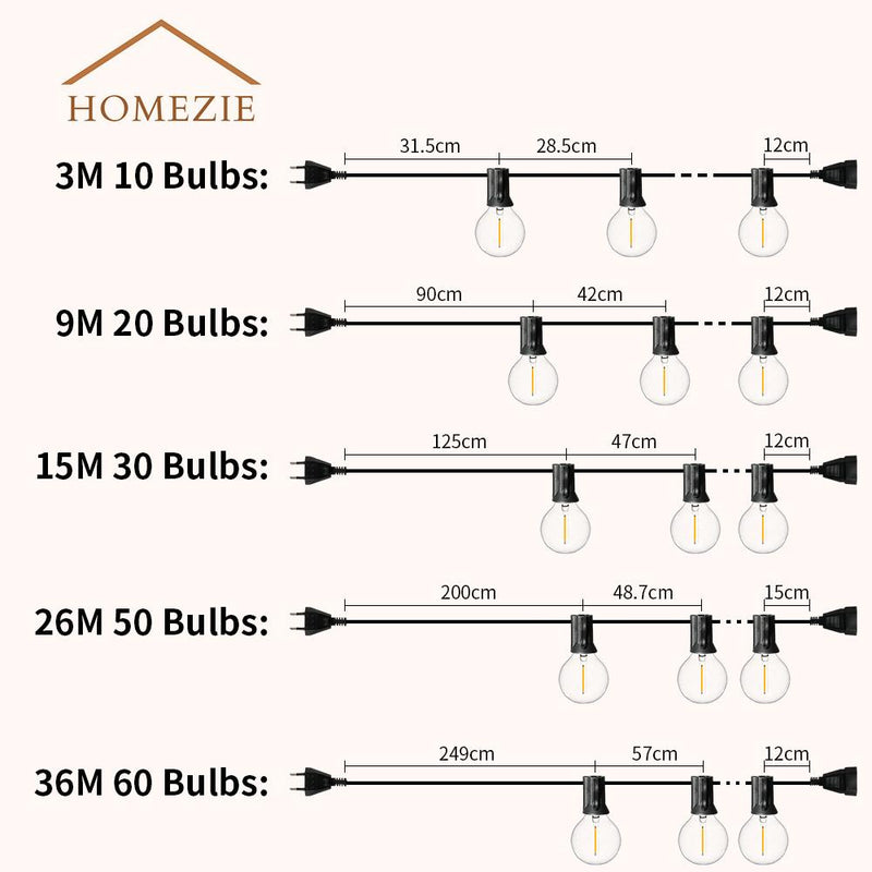 Homezie® Lichtsnoer | Warm wit | G40 LED-lampen | Waterdicht | Dimbaar & Koppelbaar | Buitenverlichting | Meerdere lengtes verkrijgbaar