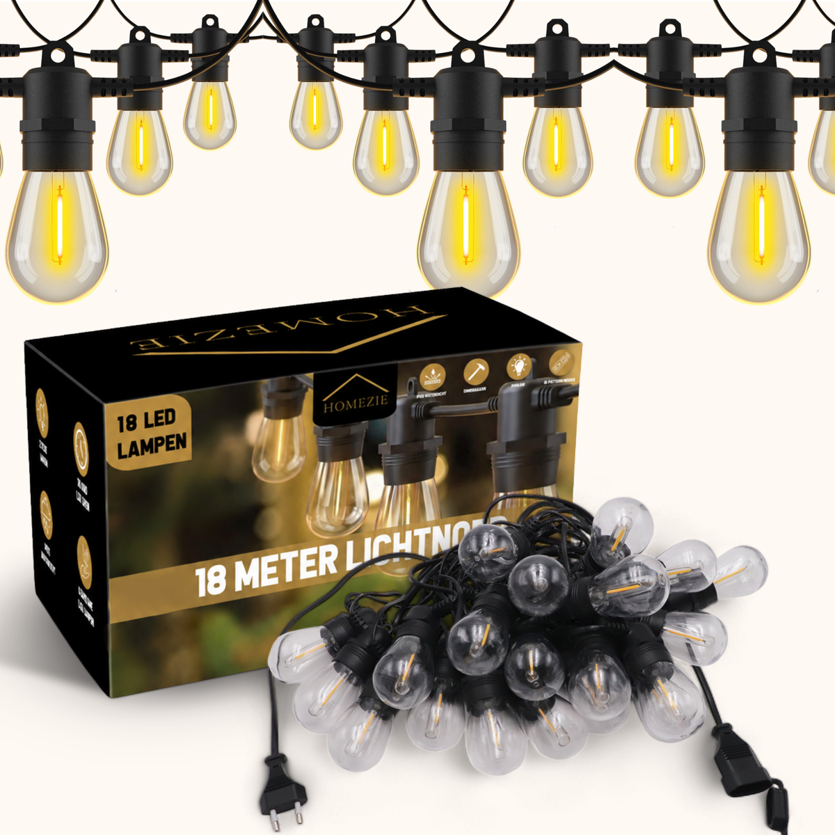 Homezie® Lichtsnoer | IP65 Waterdicht | Kunststof S14 LED lampen | Warm wit | Koppelbaar & Dimbaar | Meerdere lengtes verkrijgbaar