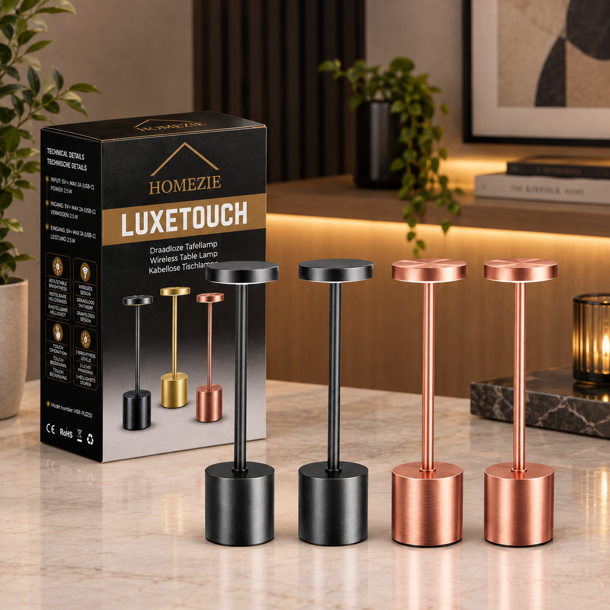 Homezie LuxeTouch | SALE: 1+1 GRATIS | Draadloze Tafellamp | USB-oplaadbaar | Touch Bediening | Eet Tafel Lamp | Sfeerverlichting