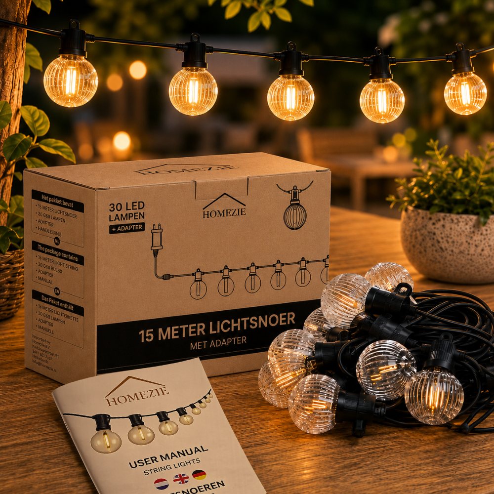 Homezie Lichtsnoer G60 | kunststof LED-lampen | Weerbestendig | Dimbaar | Timer | Lampjesslinger | Tuinverlichting | Lichtsnoer buiten | Prikkabel