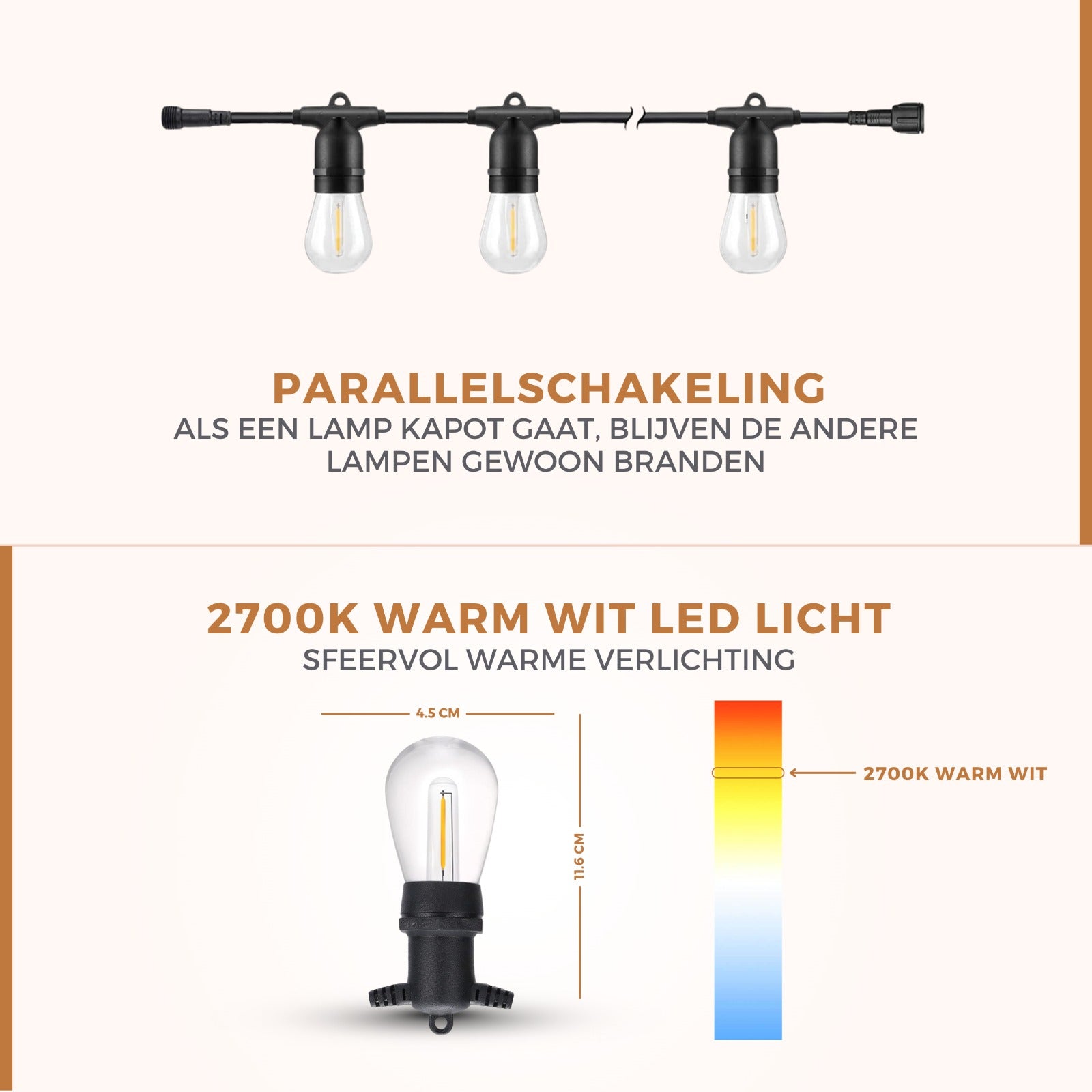 Homezie® Lichtsnoer | IP65 Waterdicht | Kunststof S14 LED lampen | Warm wit | Koppelbaar & Dimbaar | Meerdere lengtes verkrijgbaar