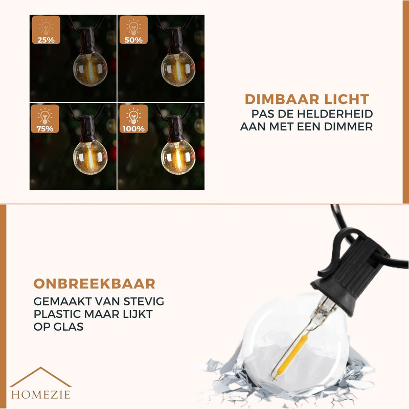 Homezie® Lichtsnoer | Warm wit | G40 LED-lampen | Waterdicht | Dimbaar & Koppelbaar | Buitenverlichting | Meerdere lengtes verkrijgbaar